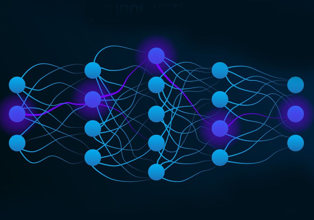 Blue circles arranged in five rows connected by wavy blue lines. Blue circles arranged in five rows connected by wavy blue lines.
