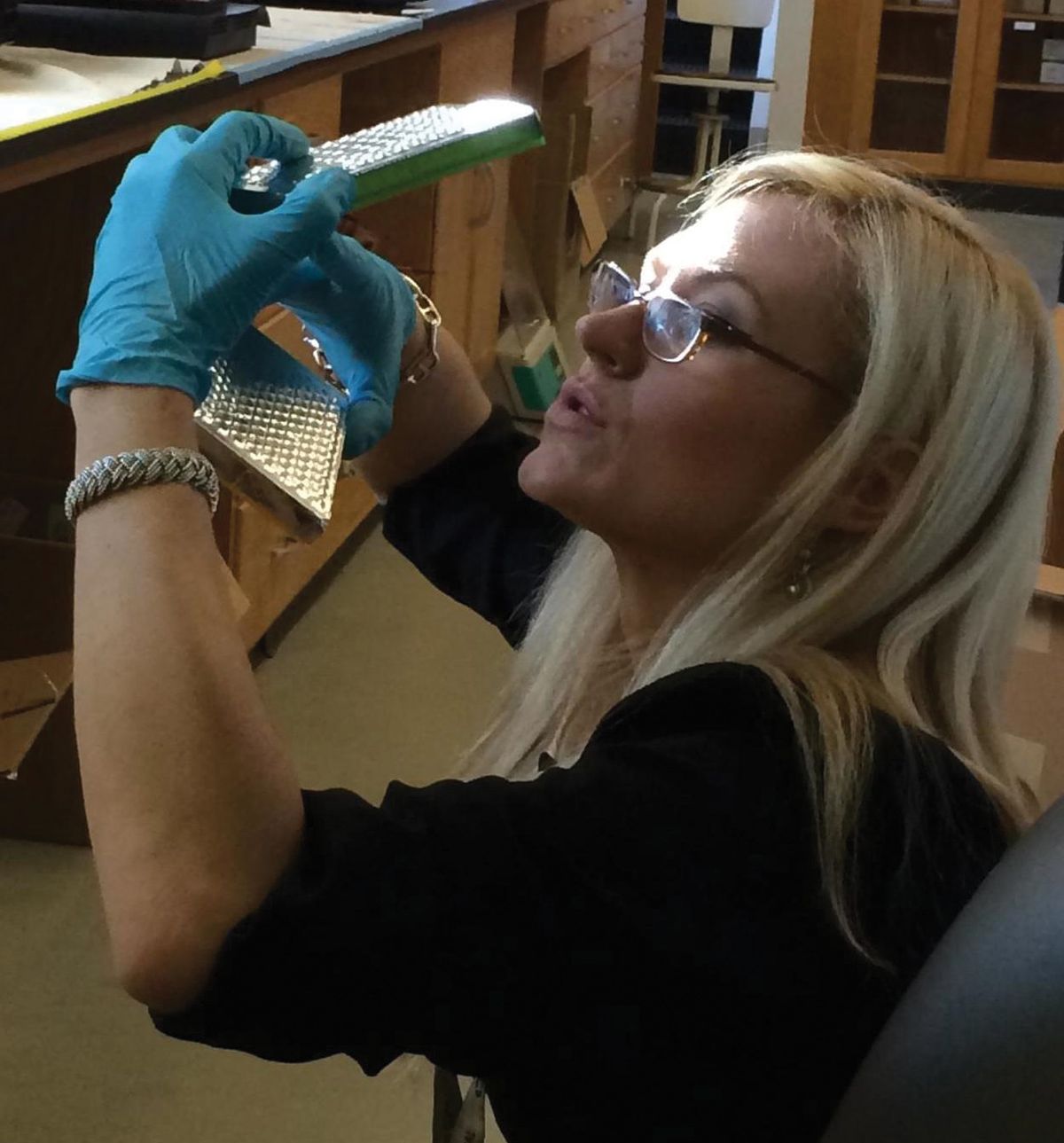 Image of microbiologist Anne Madden holding up environmental DNA samples of house dust. Image of microbiologist Anne Madden holding up environmental DNA samples of house dust.