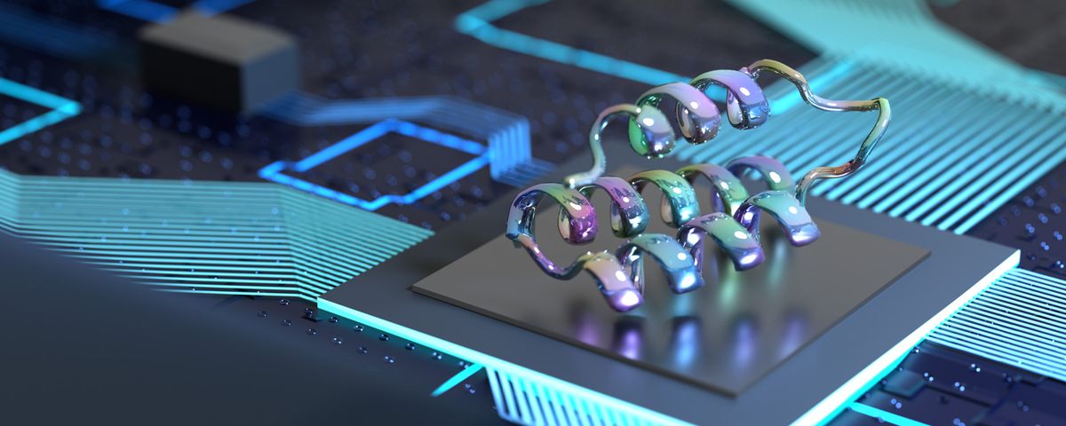 An illustration of a protein ribbon resting on a glossy surface. An illustration of a protein ribbon resting on a glossy surface.