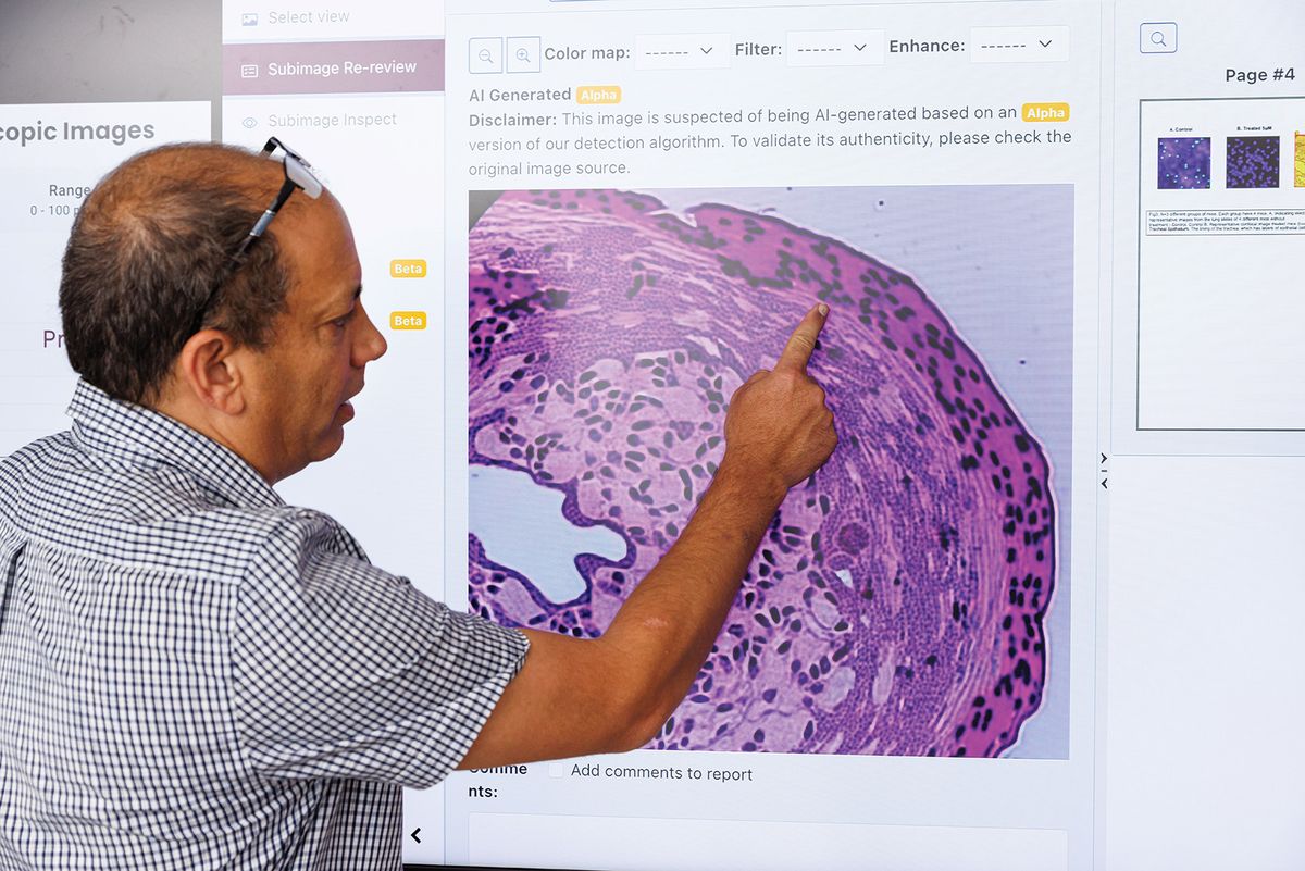 Photo of Dror Kolodkin-Gal pointing at a section of an AI-generated image on a screen. Photo of Dror Kolodkin-Gal pointing at a section of an AI-generated image on a screen.
