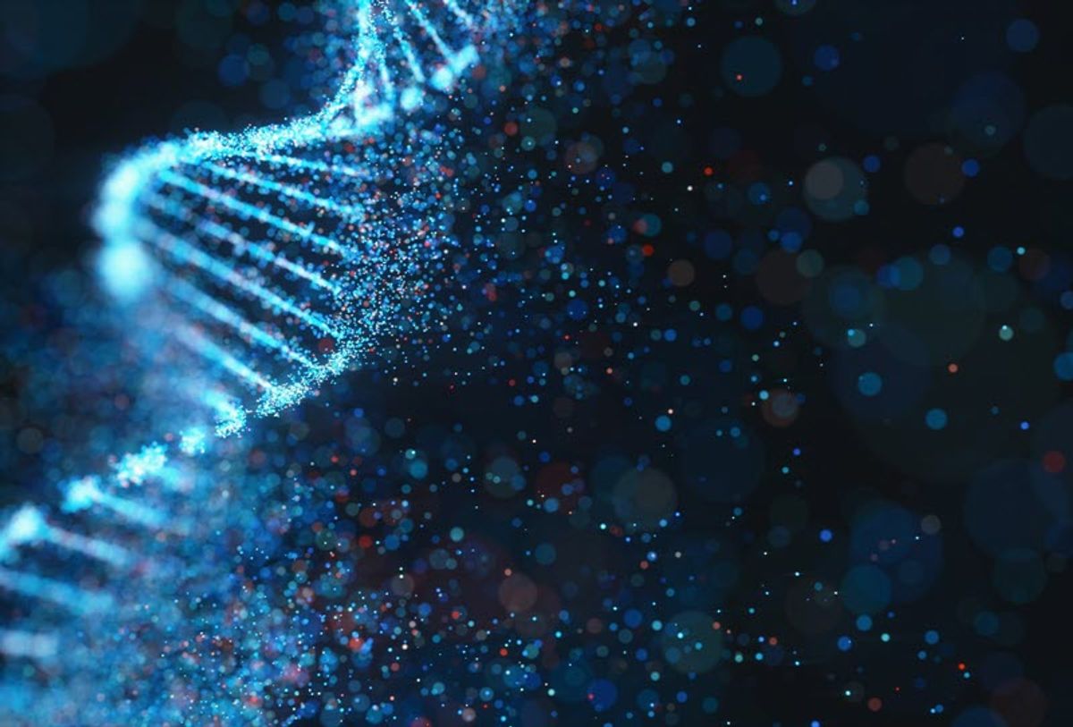 DNA strand on black background with blue dots, representing a synthetic genome. DNA strand on black background with blue dots, representing a synthetic genome.