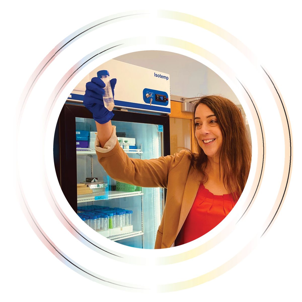 Image of a woman in a blazer holding a conical tube in the air. Image of a woman in a blazer holding a conical tube in the air.