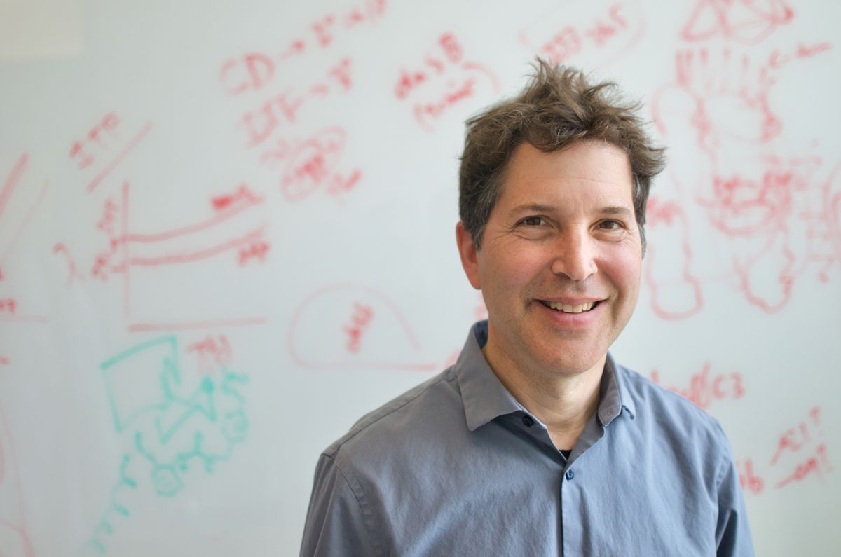 David Baker, wearing a blue shirt, stands against a whiteboard in the background. David Baker, wearing a blue shirt, stands against a whiteboard in the background.