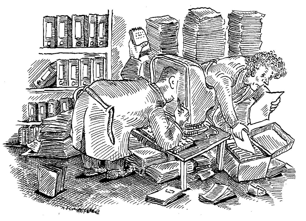 Cartoon of people searching for data through books and a computer screen. Cartoon of people searching for data through books and a computer screen.