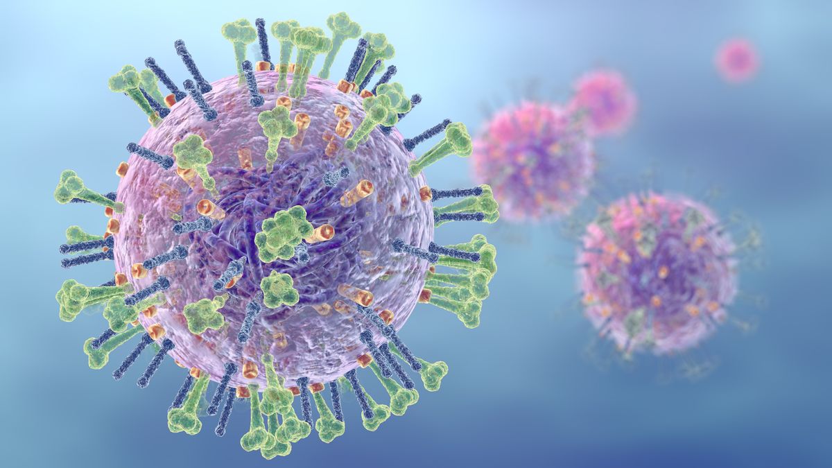 Stylized rendering of a virus, focusing on virion surface proteins. One large virion is prominent in the foreground while four float in the background. Stylized rendering of a virus, focusing on virion surface proteins. One large virion is prominent in the foreground while four float in the background.