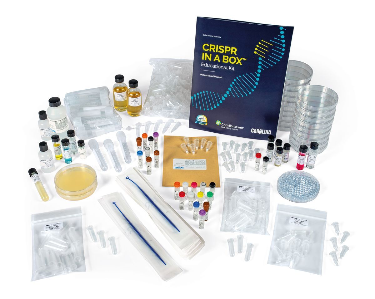A photo depicting the contents of the CRISPR in a Box kit. A photo depicting the contents of the CRISPR in a Box kit.