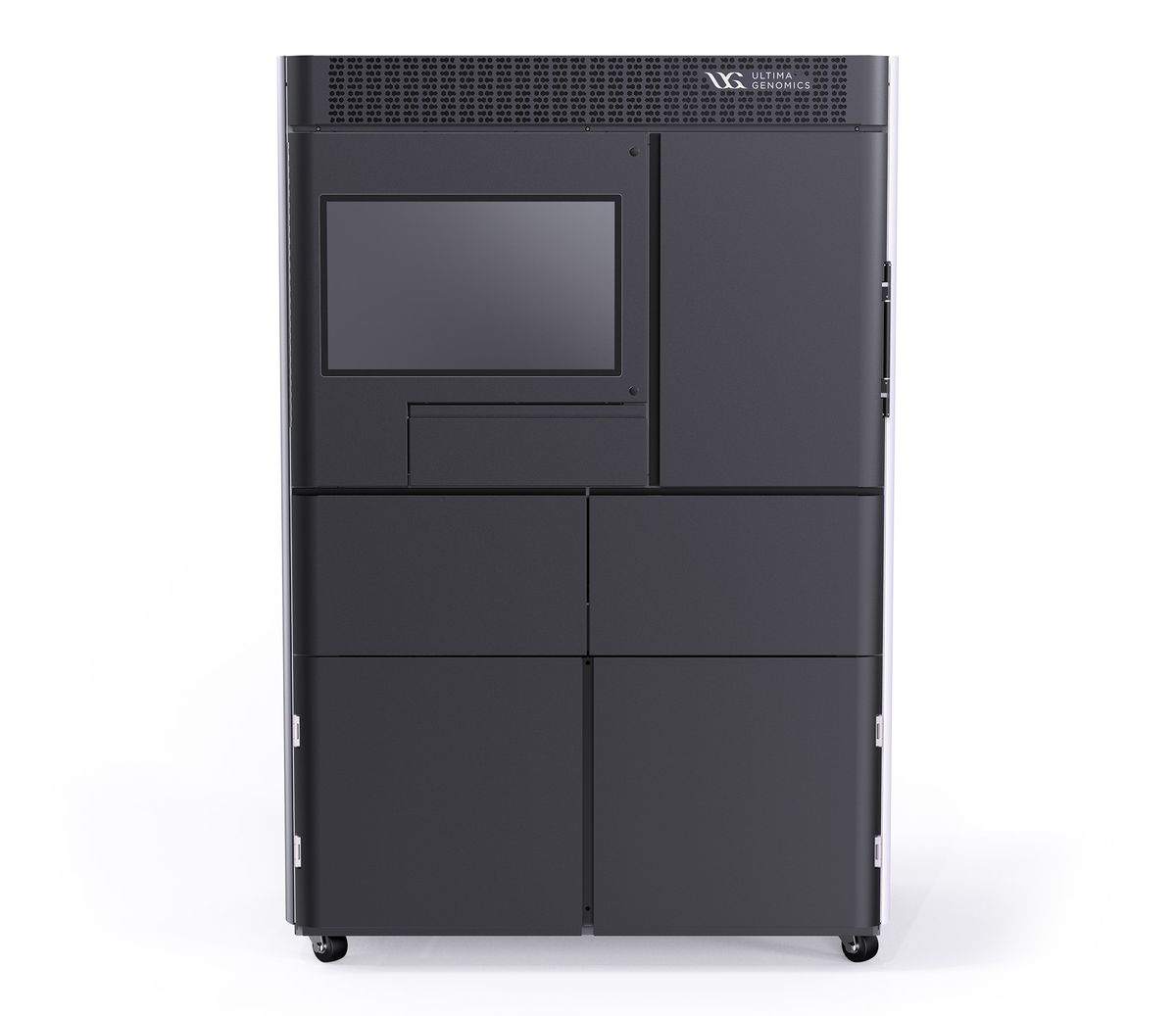 Front and side views of Ultima Genomics’ UG100 genome sequencing platform. Front and side views of Ultima Genomics’ UG100 genome sequencing platform.